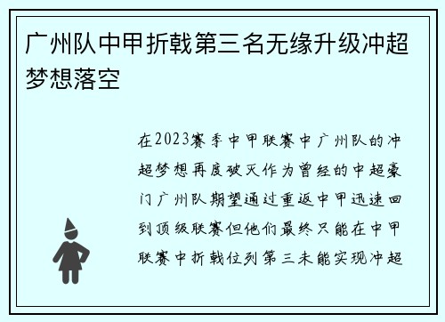 广州队中甲折戟第三名无缘升级冲超梦想落空
